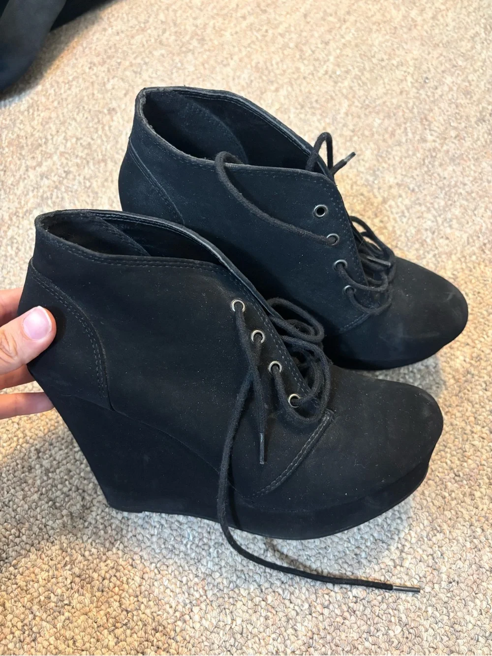 Black Lace-Up Wedge Booties for Women
